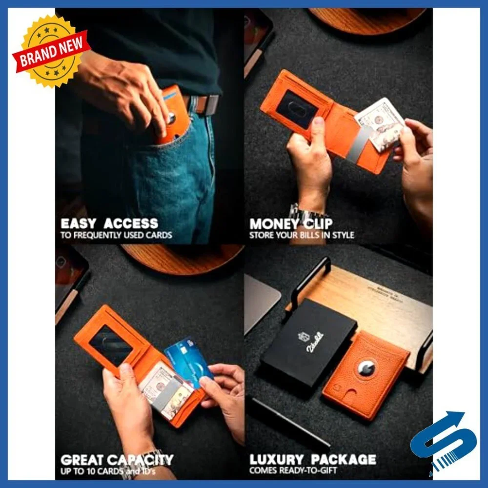 Slim RFID Leather Wallet with AirTag Holder & Money Clip